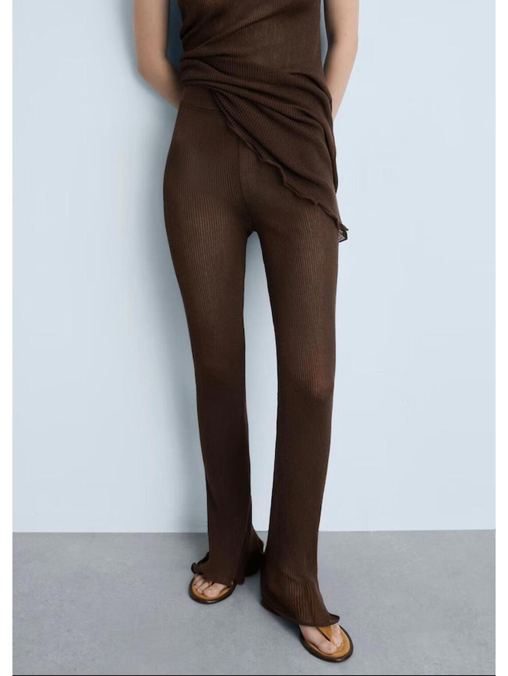 Mango Outlet Brown Ribbed Knit Flared Pants with Ruffled Hem - Size Small